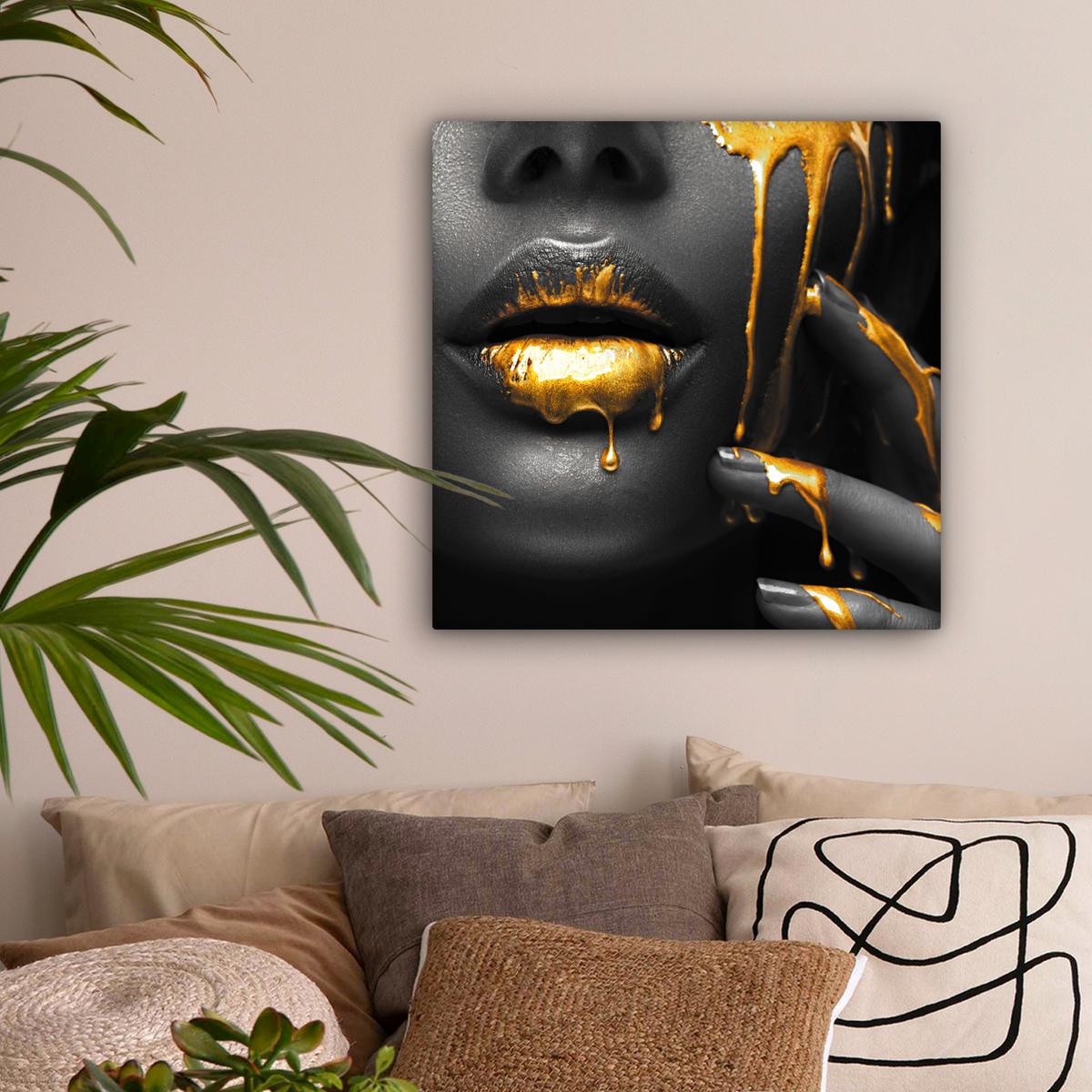 LEINWANDBILD Frau - Schwarz - Gold - Gesicht - Lippen Wandbild Wohnzimmer 50x50 cm - Goldfarben, Textil (50/50cm) - MuchoWow