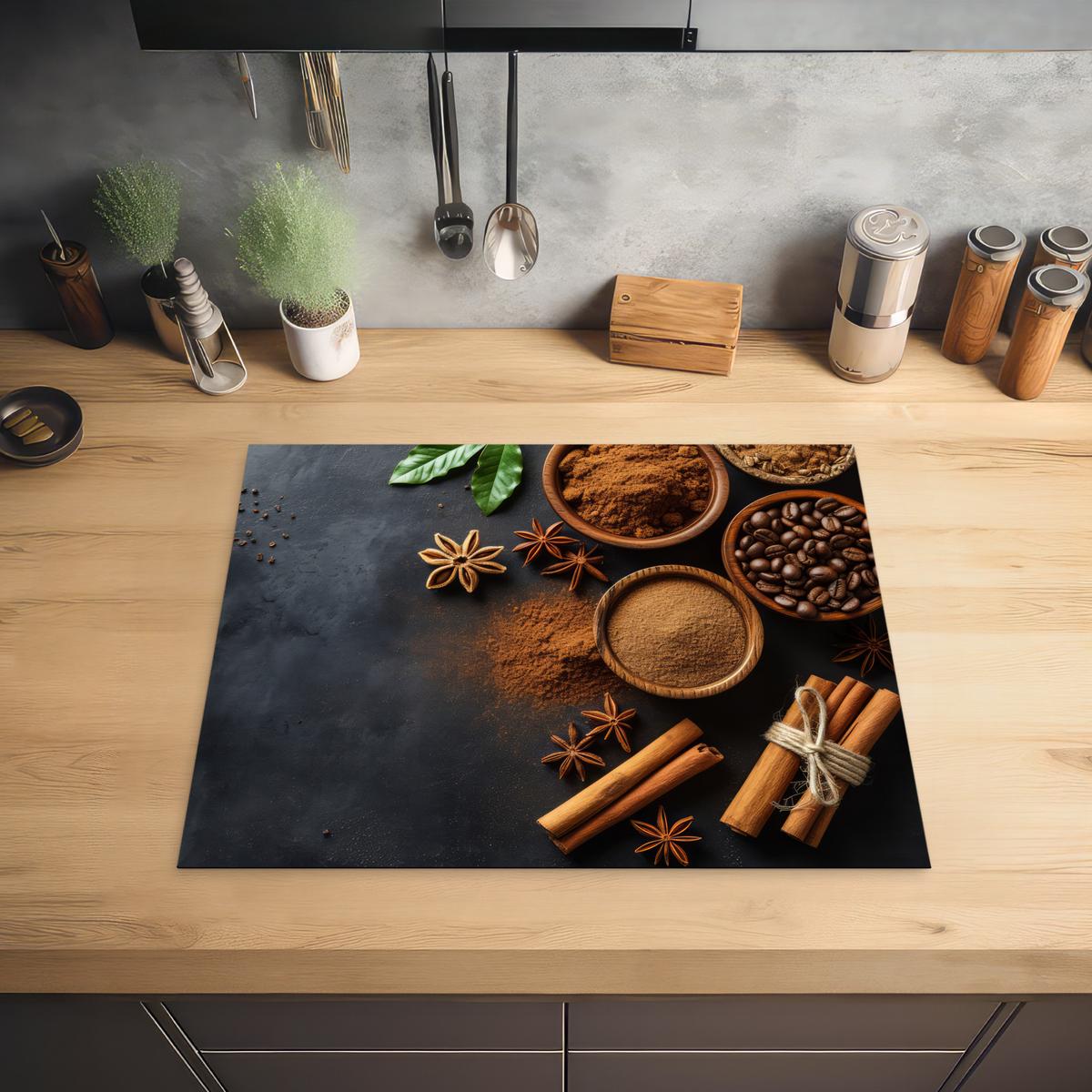 HERDABDECKPLATTE Zimt - Beton - Kaffee - Zimtstangen - Gewürze Herdabdeckung Induktionsfeld 65x52 cm - Mokka, Kunststoff (65/52/0.2cm) - MuchoWow