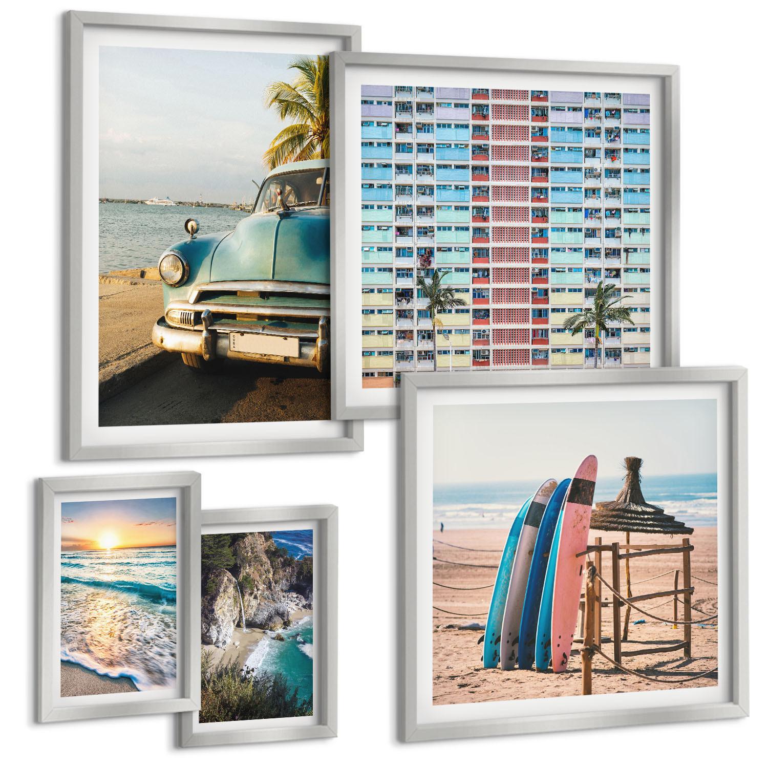 BILDER SET 5er Set - 50x50 cm & 20x30 cm & 40x60 cm Silberner Rahmen - Sonnenuntergang in Miami - Silberfarben, Kunststoff (40/60cm) - TULUP