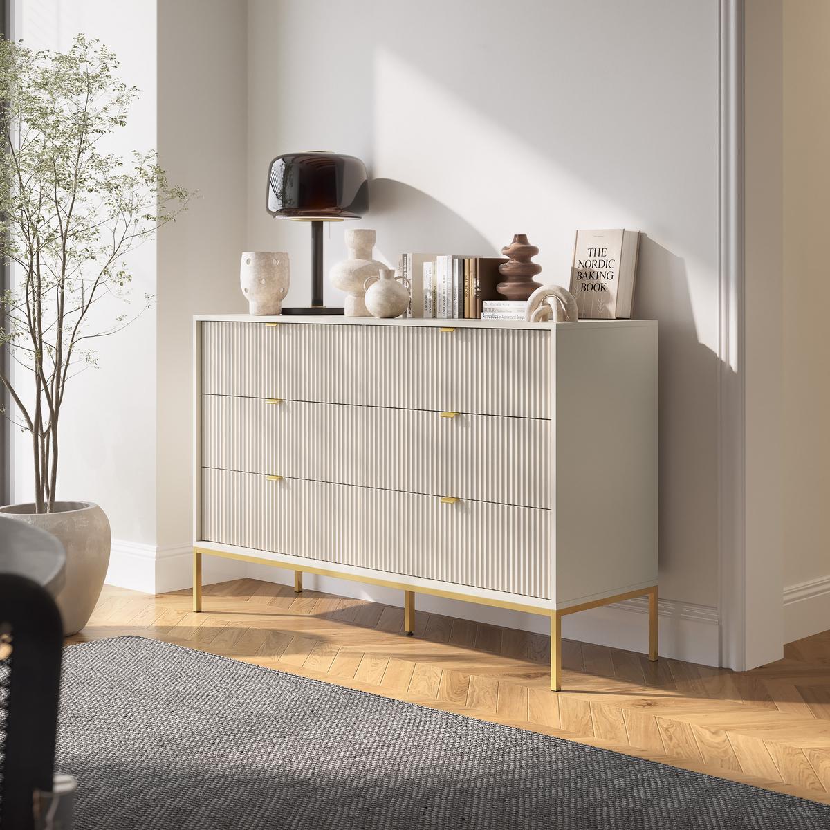 SIDEBOARD STELLARE 154/91/39cm mit 6 Schubladen Kaschmir - Kaschmir/Goldfarben, Holzwerkstoff (154/91/39cm) - MASSENO