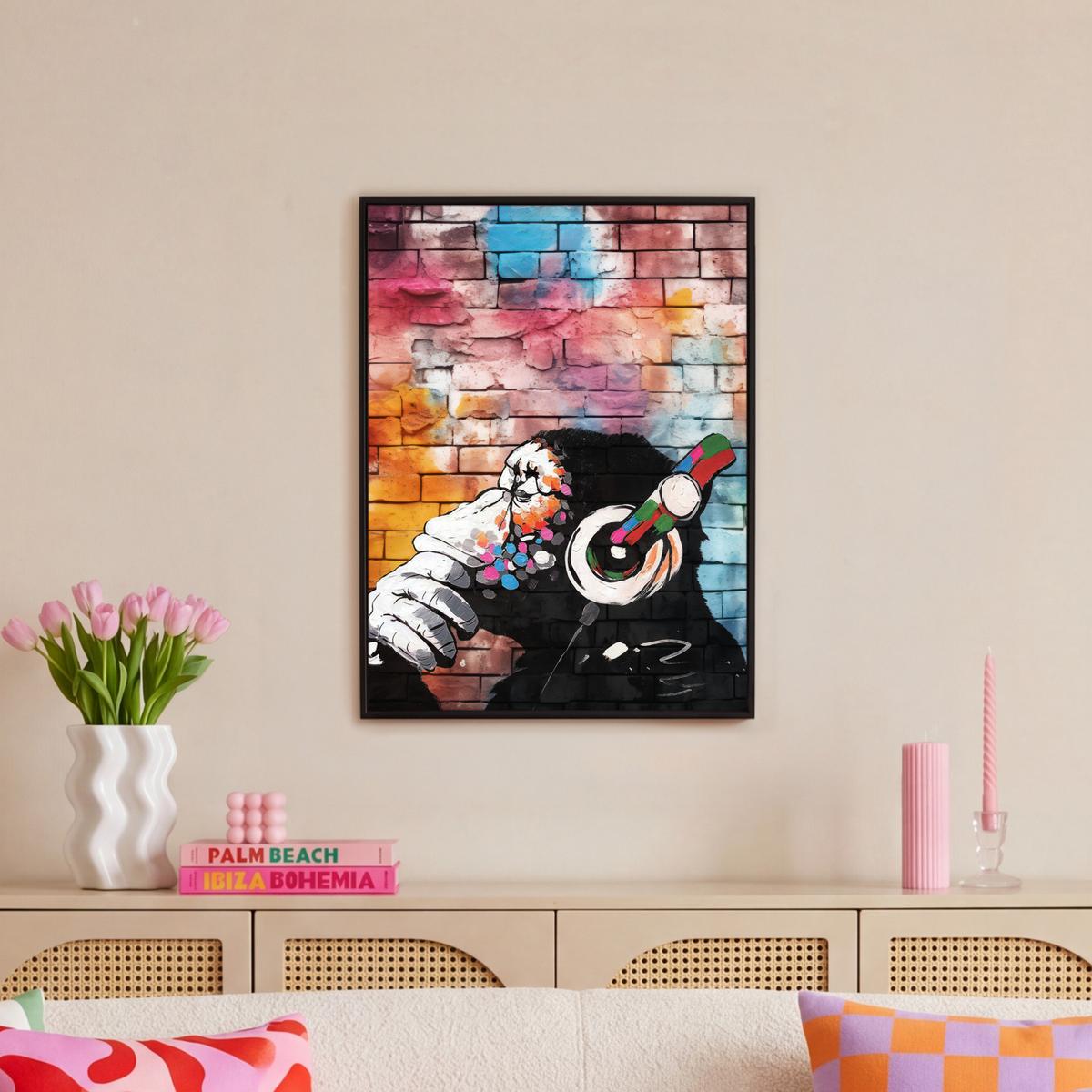 LEINWAND Bilder mit Rahmen - Affe - Graffiti - Musik - 60x80 - Multicolor, Textil (60/80cm) - MuchoWow
