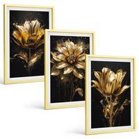 BILDER SET 3er Set - 40x60 cm Goldrahmen - Gelbe Blüten auf dunklem Hintergrund - Goldfarben, Kunststoff (40/60cm) - TULUP