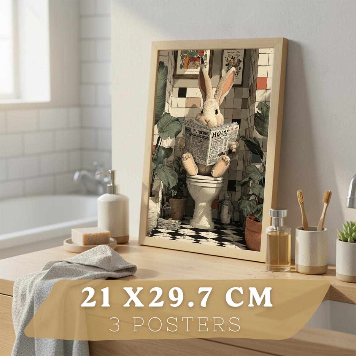 POSTER 3er-Set Tierdrucke im Badezimmer, lustige Waschbär Kaninchen-Dekorationsbilder im modernen Vintage-Stil für und Toilette Leichter Holzrahmen A4 - Beige, Papier (29.7/21/3cm) - Nacnic