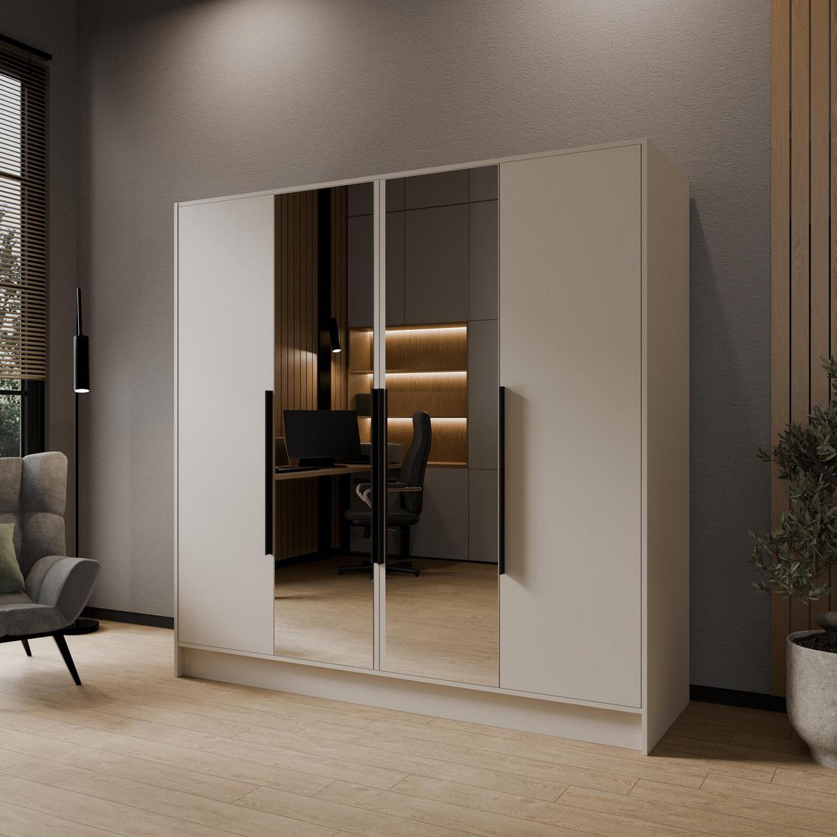 DREHTÜRENSCHRANK RENVO 200/200/51 cm Modern Kleiderschrank 4-türig mit Spiegel Kaschmir - Kaschmir, Holzwerkstoff (200/200/51cm) - MASSENO