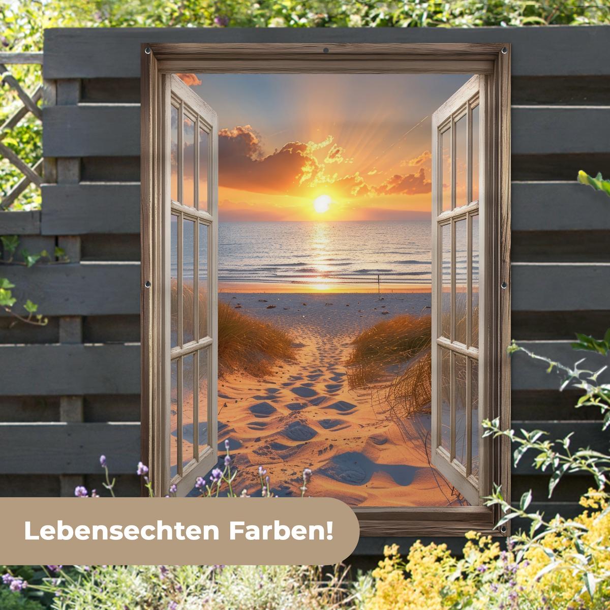 GARTENPOSTER Durchblick - Strand - Dünen - Sonnenuntergang Gartendekoration 120x160 cm - Orange, Kunststoff (120/160/0.2cm) - OnlyWow