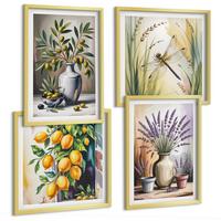 BILDER SET 4er Set - 50x50 cm & 40x60 cm Goldrahmen - Olivenblüten in Vasen Natur - Goldfarben, Kunststoff (50/50cm) - TULUP