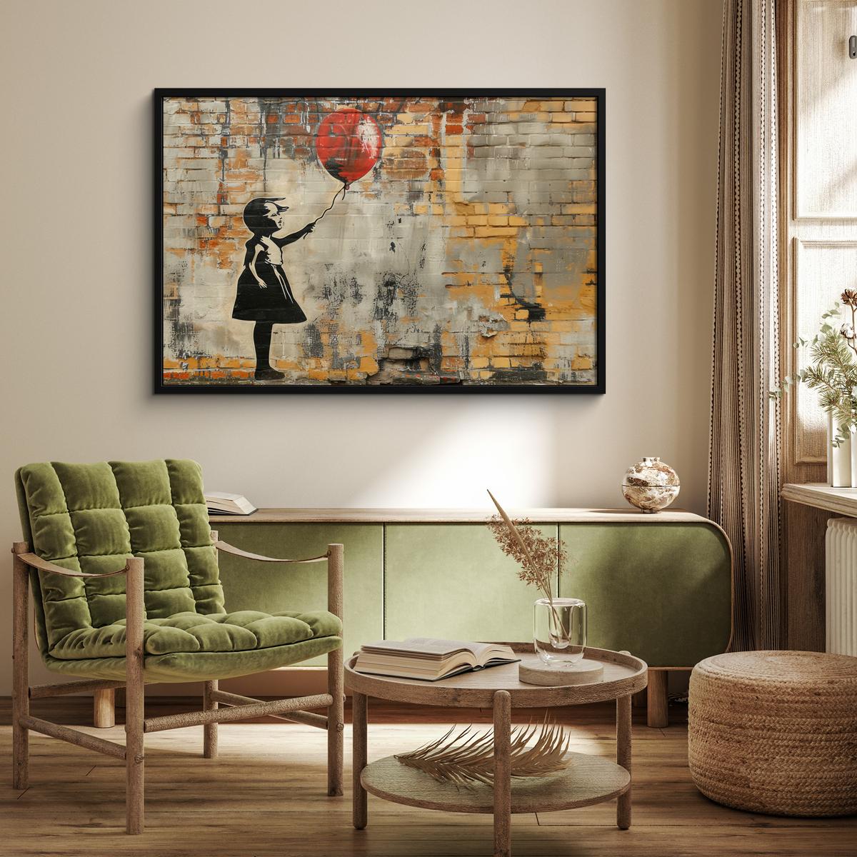 POSTER MIT RAHMENGERAHMTES BILD Graffiti - Banksy - Mädchen - Straßenkunst 120x80 cm - Sandfarben, Papier (120/80cm) - MuchoWow