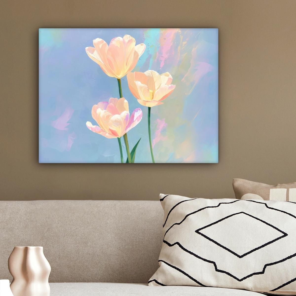 LEINWANDBILD Tulpen - Rosa Akzente - Blau Wandbild 40x30 cm - Pastellblau, Textil (40/30cm) - MuchoWow