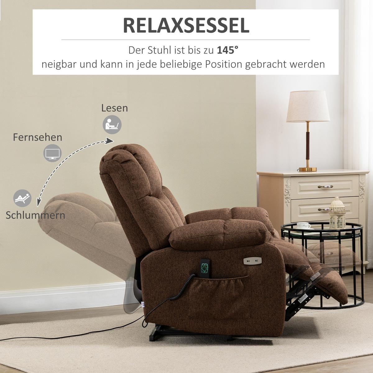 ELEKTRISCHER Aufstehsessel Liegestuhl mit Fernbedienung Netzkabel 58W Braun - Braun, Kunststoff (95/107/92cm) - HOMCOM