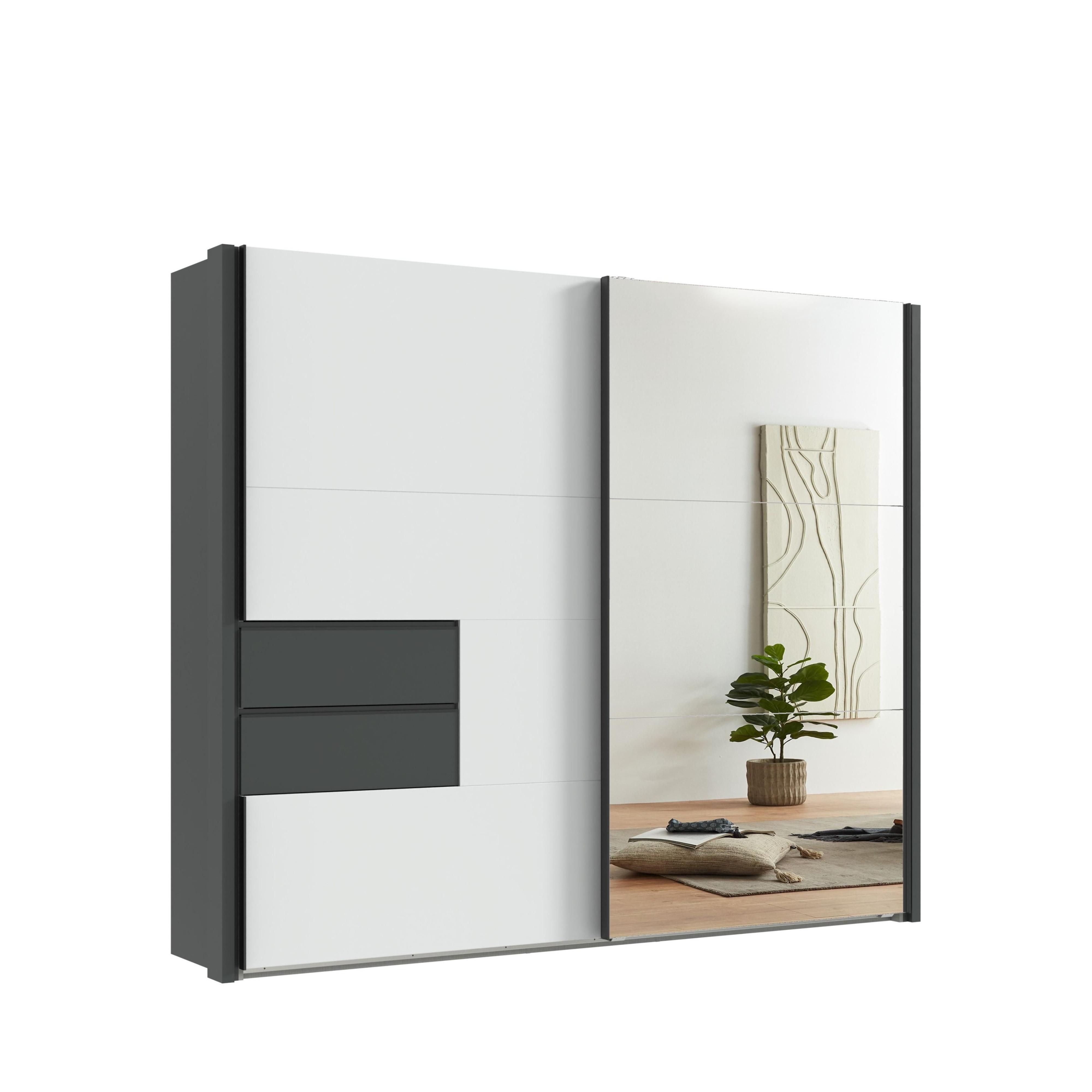 SCHWEBETÜRENSCHRANK 2-türig B262/H216/T65 cm, Korpus&Passepartout&Schubladen Grafit, Türen Weiß/Spiegel, Kleiderschrank inkl. Vollausstattung / 22059 - Bordeaux/Graphitfarben, Holzwerkstoff/Metall (262/216/65cm) - luma-home