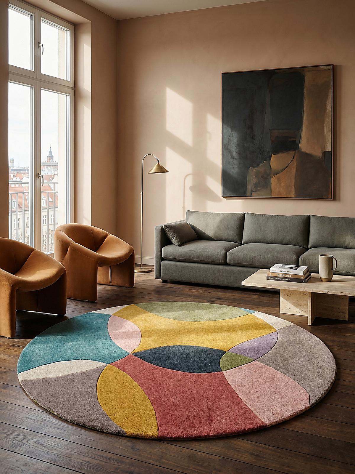 WOLLTEPPICH AIRE, abstrakt, aus Wolle, Bunt, Ø 160 cm - Multicolor, Textil (160/160cm) - KADIMA DESIGN