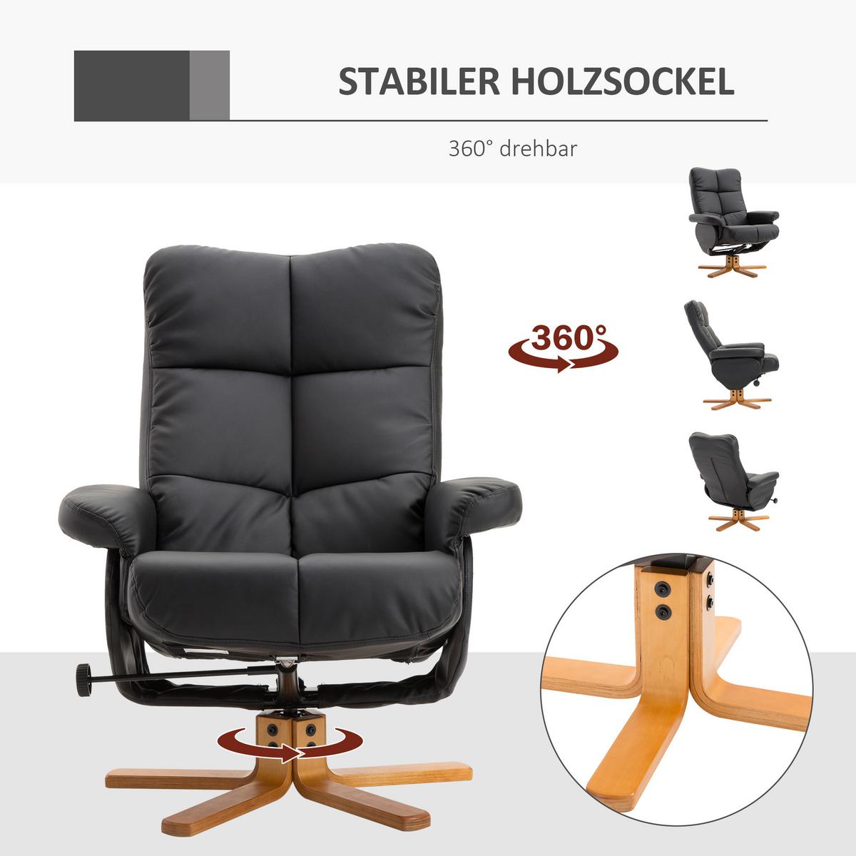 RELAXSESSEL mit Hocker Fernsehsessel 360° drehbar Liegefunktion Holz Schwarz - Schwarz, Holz/Kunststoff (86/99/80cm) - HOMCOM