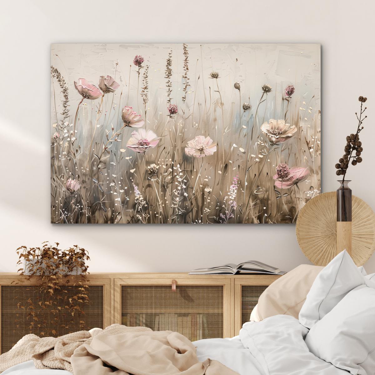 METALLBILD Blumen - Rosa - Modern - Beige Deko Groß 120x80 cm - Beige, Metall (120/80cm) - MuchoWow
