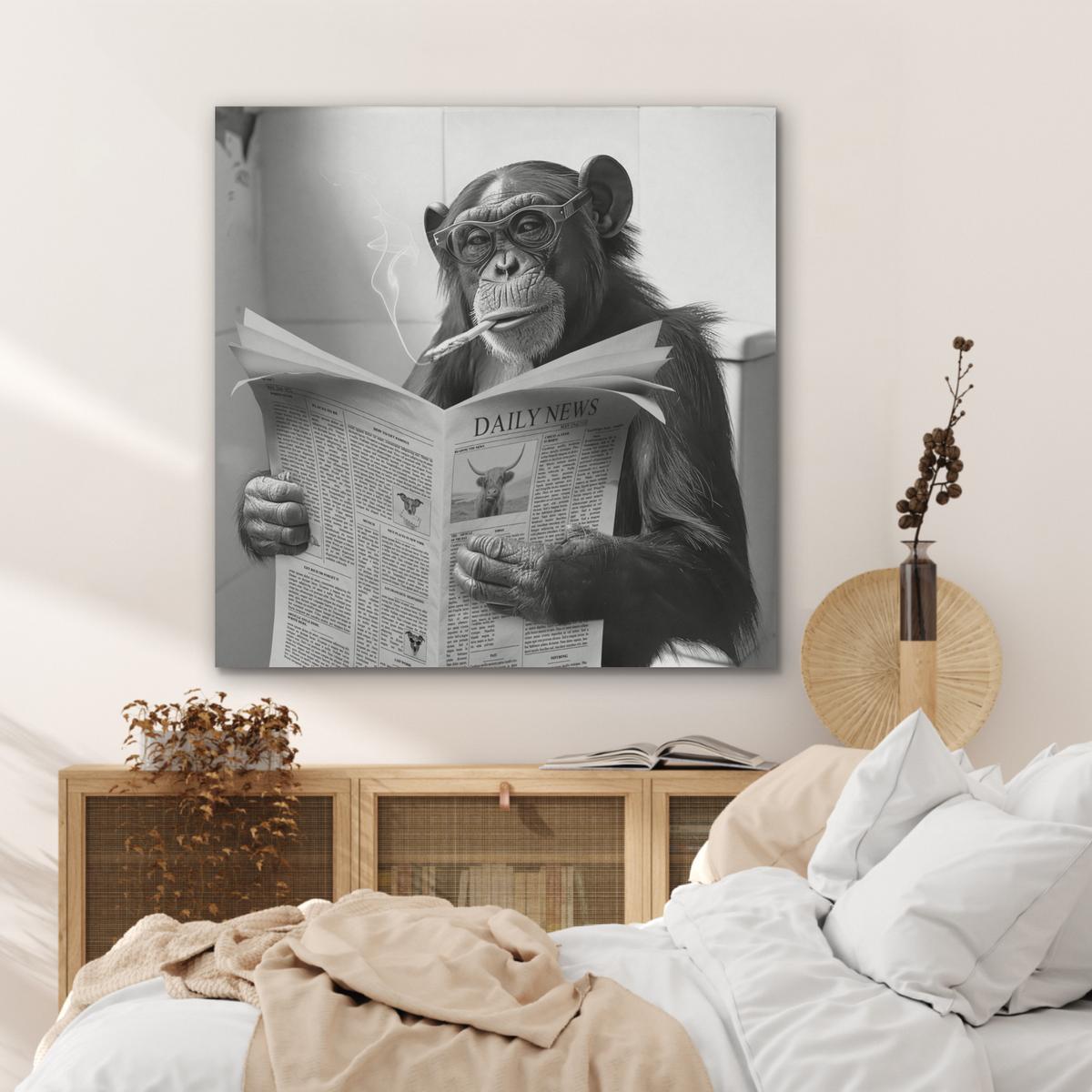 AKUSTIKBILD Affe - WC - Zeitung - Schwarz-Weiß - Humor Akustikpaneele 90x90 cm - Hellgrau, Kunststoff (90/90/0.9cm) - MuchoWow