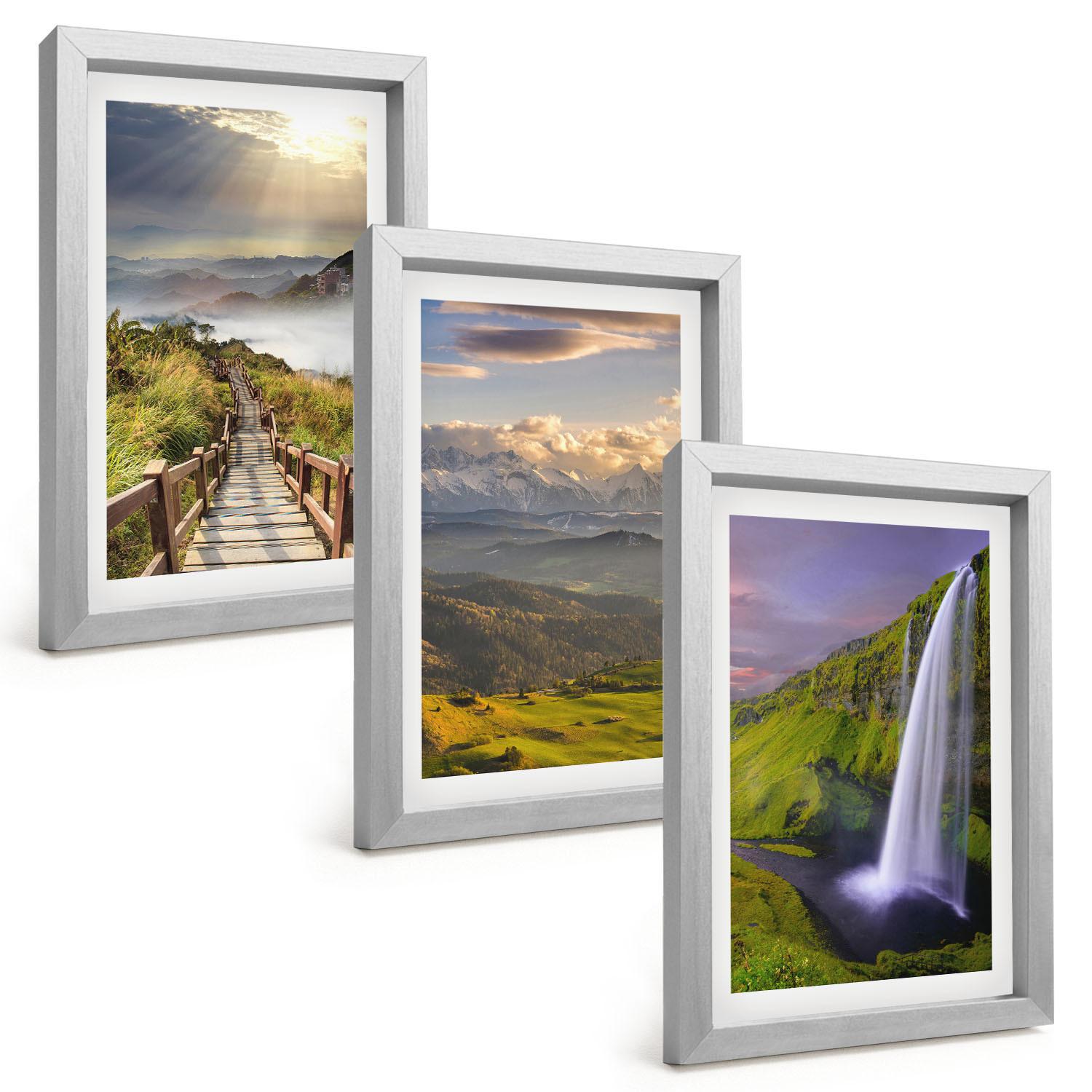 BILDER SET 3er Set - 20x30 cm Silberner Rahmen - Berglandschaften Wasserfall - Silberfarben, Kunststoff (20/30cm) - TULUP