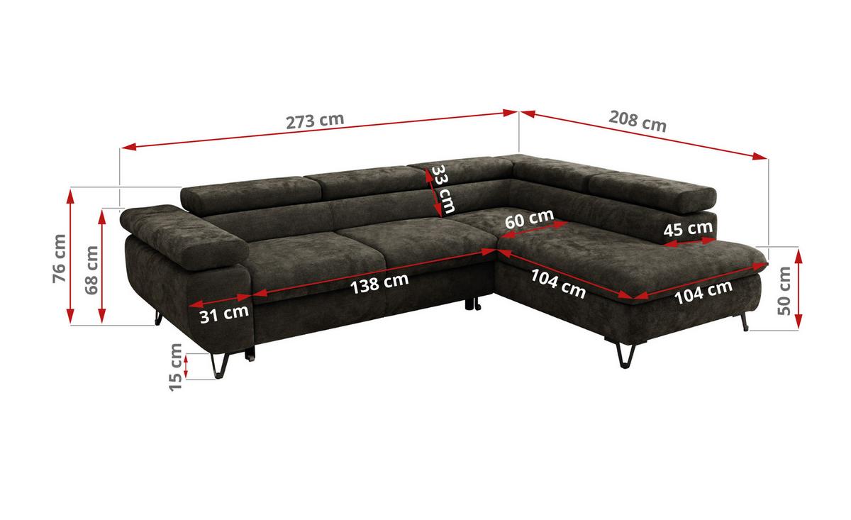 ECKSOFA PABLO L Dunkelgrau Schenille glatt - Links Seite - Dunkelgrau/Schwarz, Textil/Metall (208/273cm) - MKS
