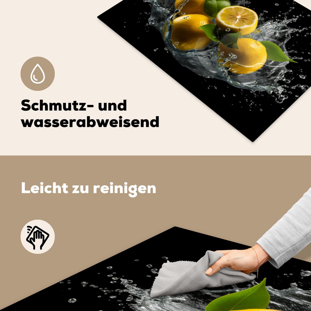 HERDABDECKPLATTE Zitrone - Obst - Gelb - Schwarz Herdabdeckung Induktionsfeld 75x52 cm - Gelb, Kunststoff (75/52/0.2cm) - MuchoWow