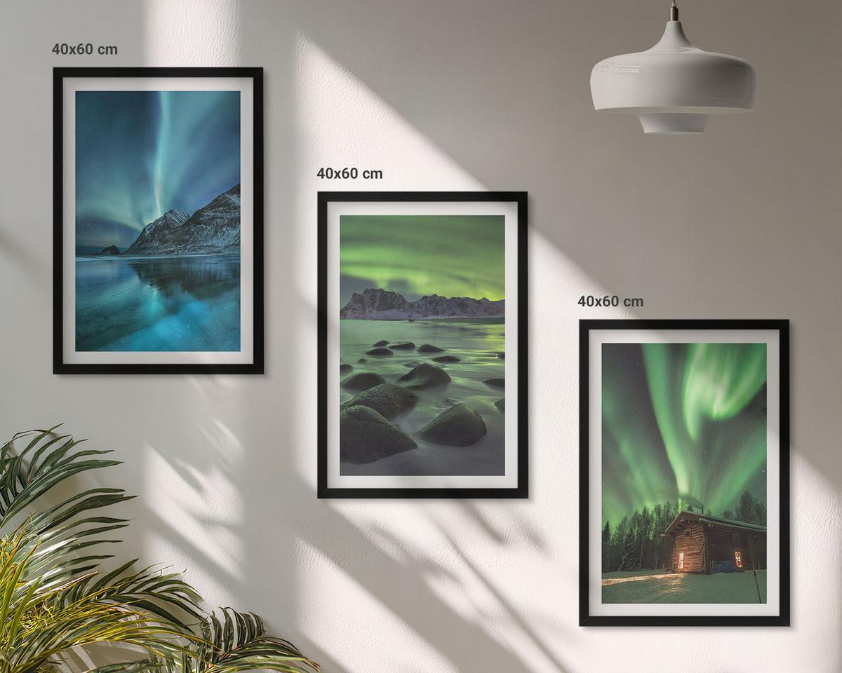 BILDER SET 3er Set - 40x60 cm Schwarzer Rahmen - Winterlandschaften, Nordlichter, Berge - Schwarz, Kunststoff (40/60cm) - TULUP