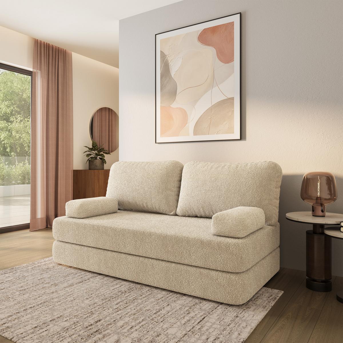 BETTSOFA NIKSI aus Schaumstoff Bucle-Stoff Creme Schlaffunktion - Creme, Textil (170/86/80cm) - MASSENO