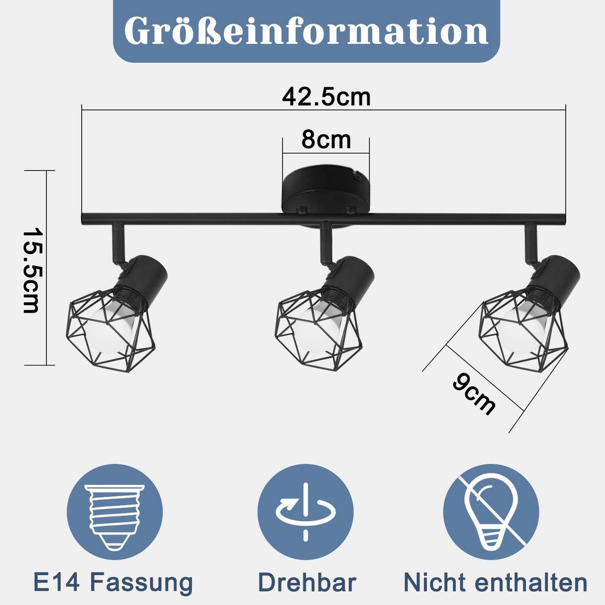 DECKENSTRAHLER Brückenau 3-flammig 42.5/15.5/15.5 cm - Schwarz, Metall (42.5/15.5/15.5cm) - Nettlife