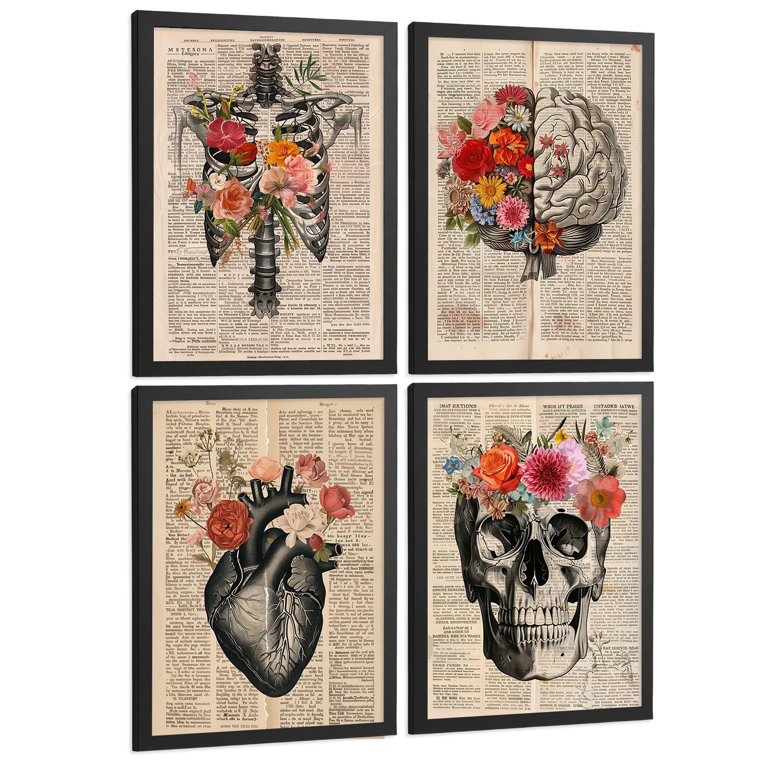 POSTER Set aus 4 Vintage Anatomie Drucke und Wandbilder mit Herz Schädel Skelett und Gehirn Collage Stil Wanddekoration Größe Schwarzer Rahmen A3 - Schwarz, Papier (29.7/42/3cm) - Nacnic