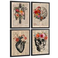 POSTER Set aus 4 Vintage Anatomie Drucke und Wandbilder mit Herz Schädel Skelett und Gehirn Collage Stil Wanddekoration Größe Schwarzer Rahmen A3 - Schwarz, Papier (29.7/42/3cm) - Nacnic