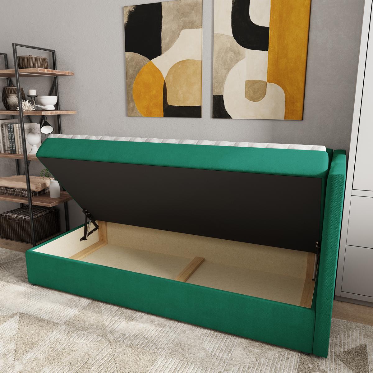 BOXBETT BEVE 90x200 cm mit Matratze und Topper, H2+H3 - Grün - Grün, Holz (90/200cm) - MASSENO
