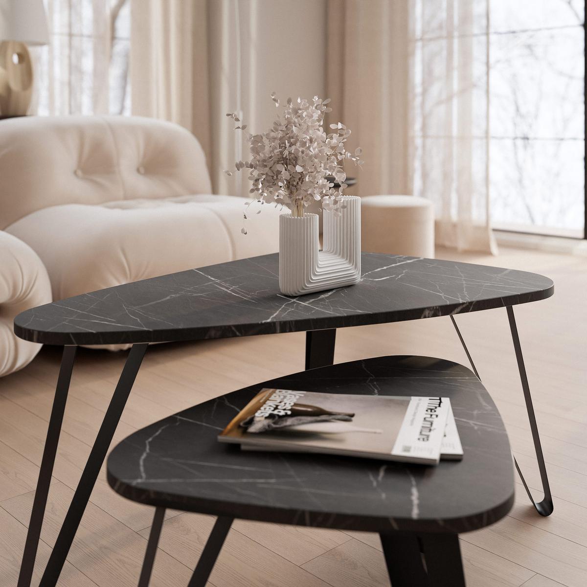 SATZTISCH NOA Stahlgestell, Freiform, Schwarz / Grigia Pietra - Schwarz/Grau, Holzwerkstoff/Metall (94/60/42cm) - Idohome