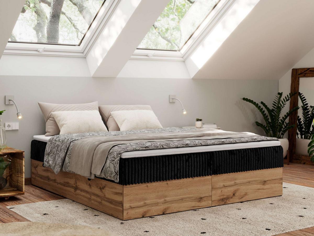 BOXBETT WOOD ZERO 160/200 - Schwarz Cord - H3 - Topper Visco - Schwarz, Textil (160/200cm) - MKS