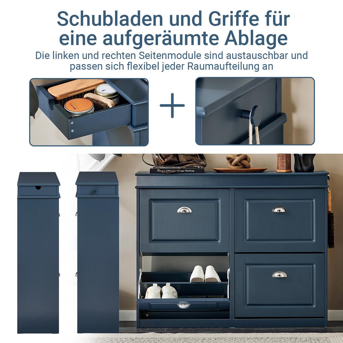 SCHUHSCHRANK blau, 104x83x24 cm, 4 Klappen für 16 Paar, bis EU 47, Schublade & Haken, bis 70 kg - Blau, Holzwerkstoff (104/83/24cm) - SoBuy