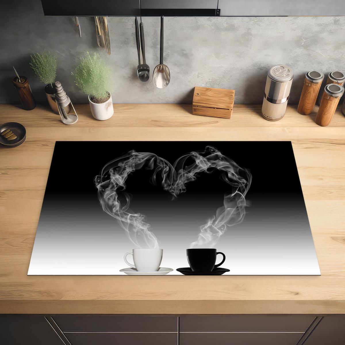 HERDABDECKPLATTE Kaffee - Herz - Schwarz und weiß - Tassen Induktionsschutz 80x52.2 cm - Weiß, Kunststoff (80.2/52.2/0.2cm) - MuchoWow