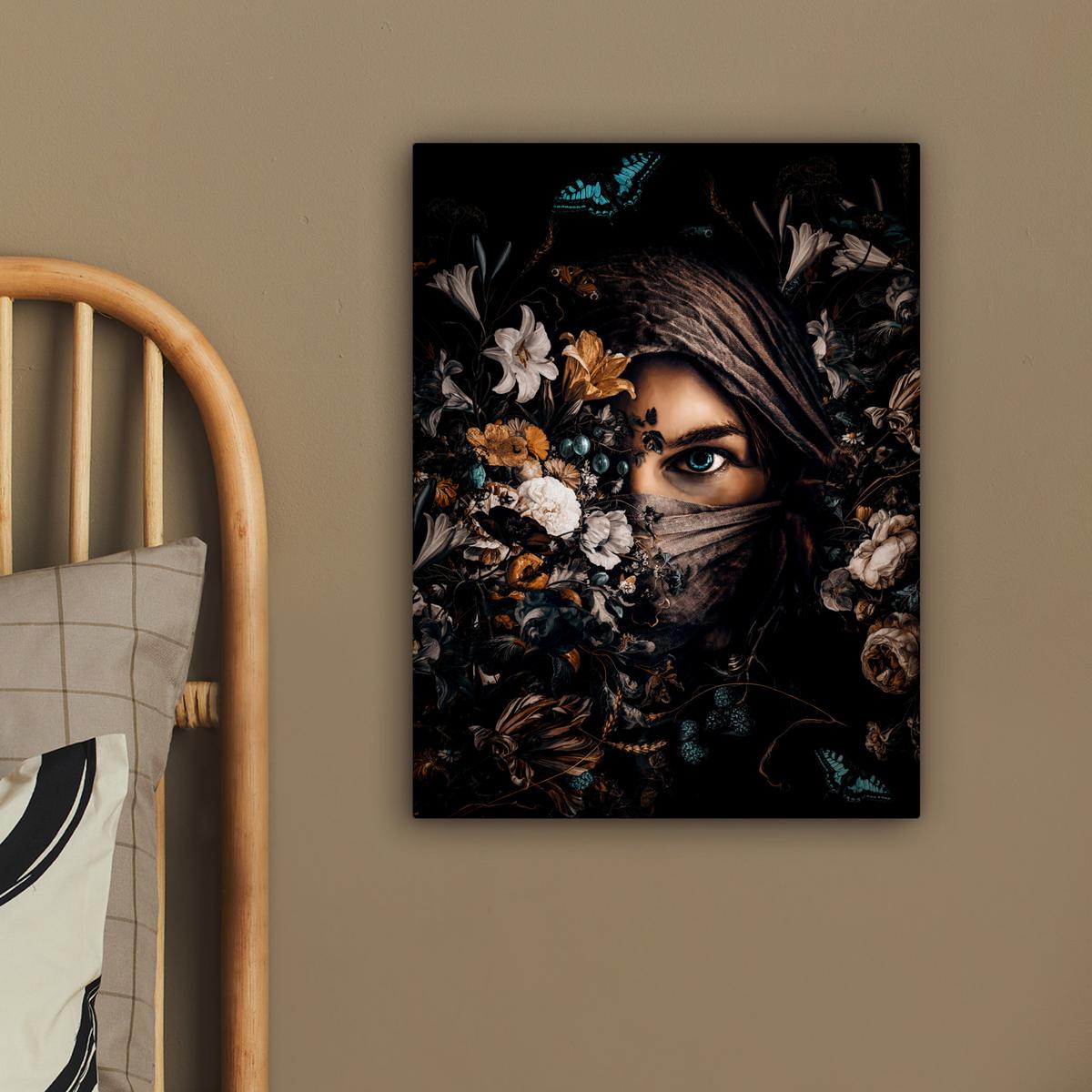 LEINWANDBILD Frau - Luxus - Blumen - Schmetterling - Porträt Room Decor 30x40 cm - Schwarz, Textil (30/40cm) - MuchoWow