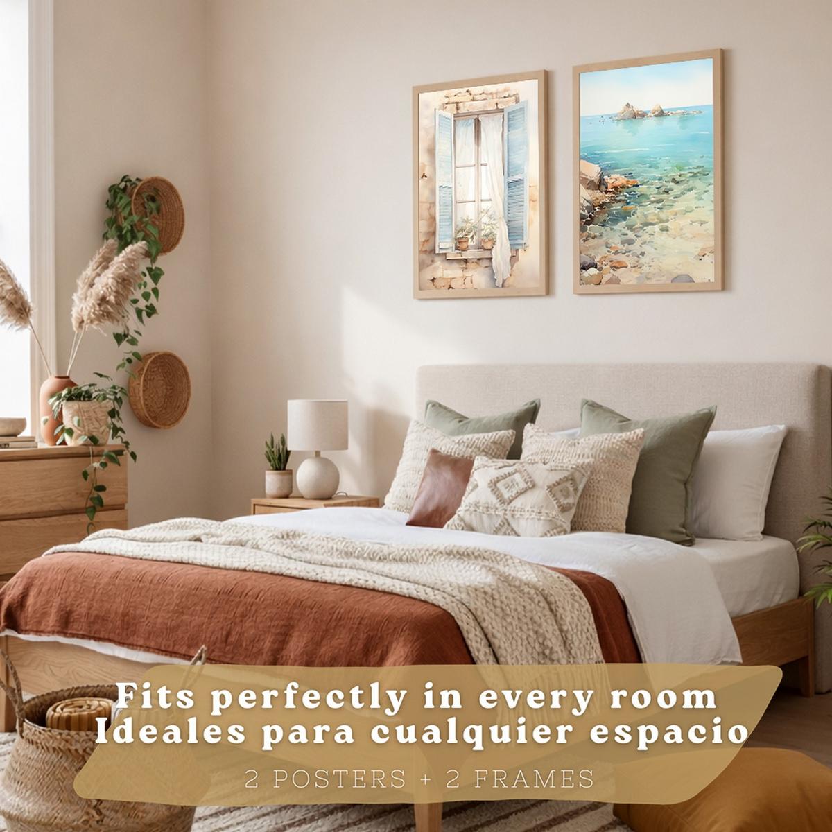 POSTER 3er Bilder-Set Wandbilder Meer Relax modern ohne Rahmen – Wohnzimmer Deko, Schlafzimmer, Küche, Badezimmer Leichter Holzrahmen A3 - Beige, Papier (29.7/1/42cm) - Nacnic