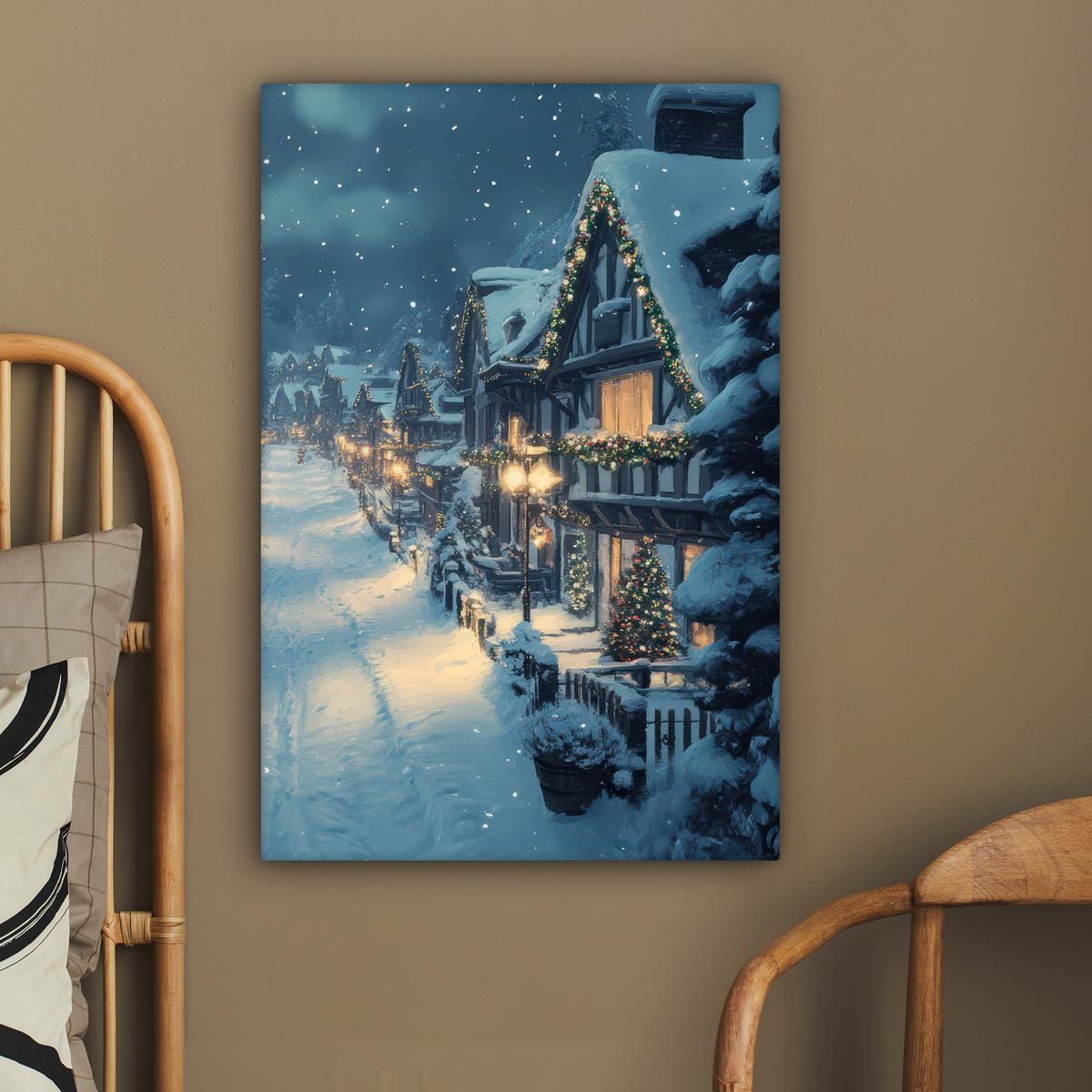 LEINWANDBILD Weihnachtsdorf - Weihnachten - Schnee - Winter Wanddeko 40x60 cm - Dunkelblau, Textil (40/60cm) - MuchoWow