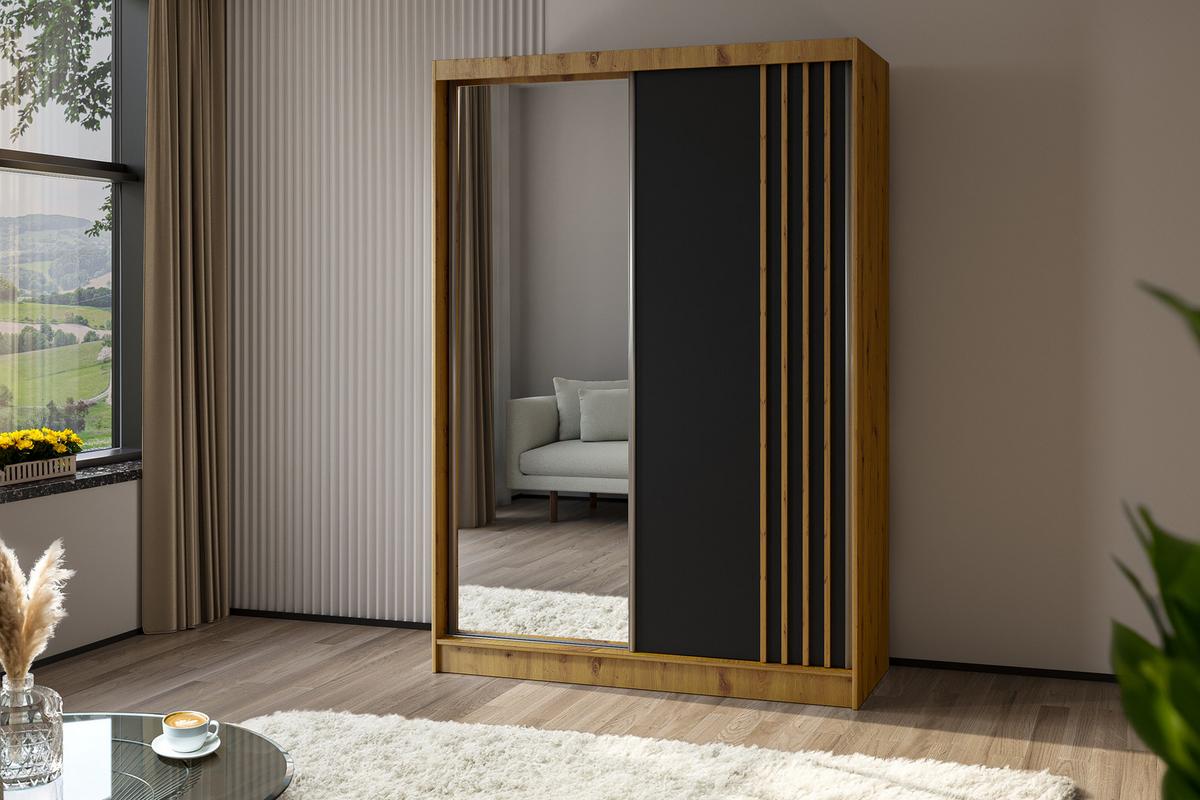 KLEIDERSCHRANK mit Spiegel-Schiebetüren und Aluminium-Leisten - NALLA - 150 cm Artisan+Schwarz+Artisan - Graphitfarben/Eiche Artisan, Holzwerkstoff (150/216/61cm) - ALTDECOR
