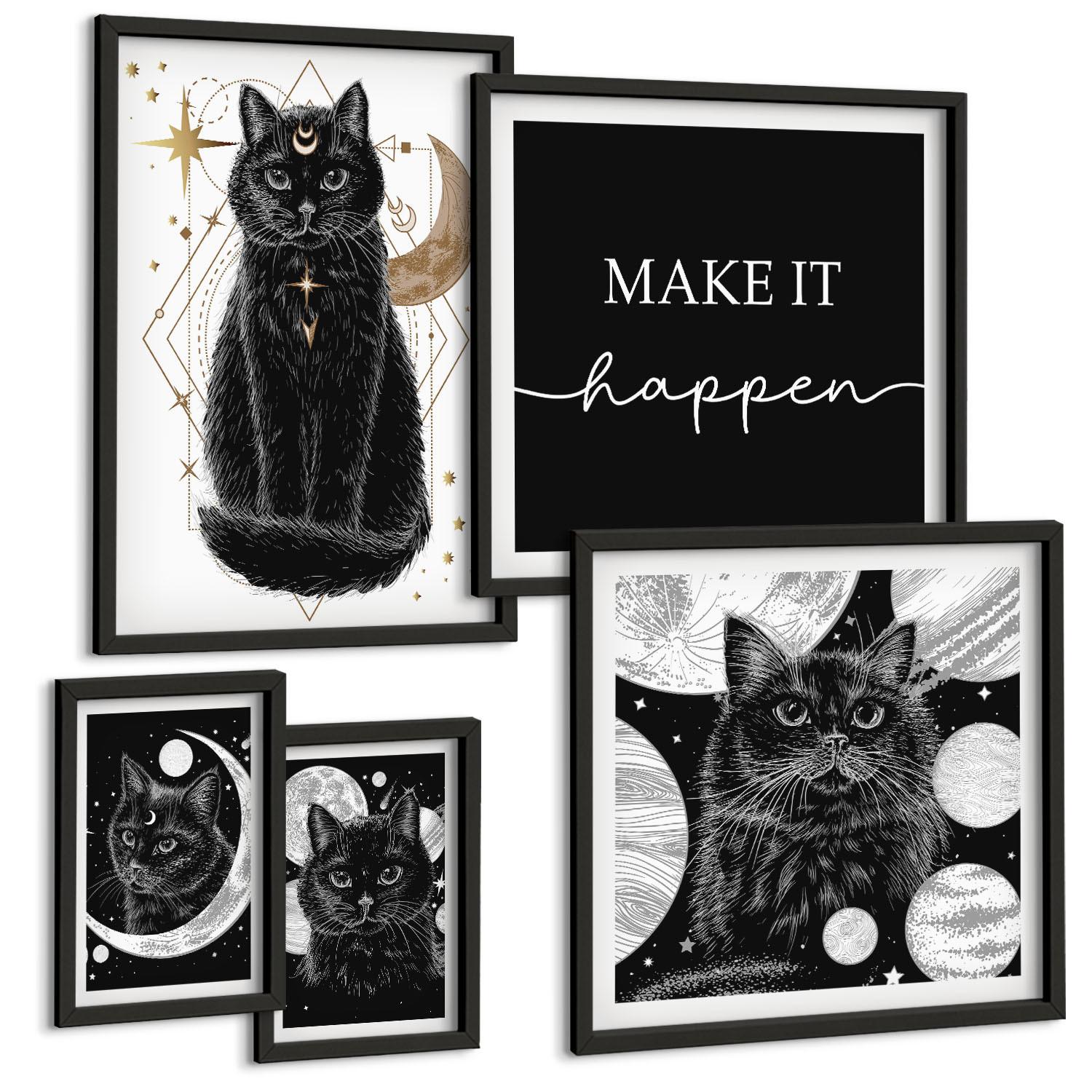 BILDER SET 5er Set - 50x50 cm & 20x30 cm & 40x60 cm Schwarzer Rahmen - Schwarze Katzen, Mond, Planet - Schwarz, Kunststoff (40/60cm) - TULUP