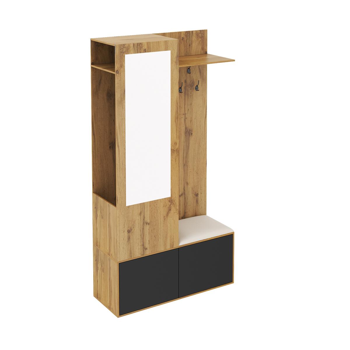 GARDEROBEN-SET 100 cm Schwarz & Natur – Kompaktgarderobe mit Spiegel, Schuhbank & versteckter Kleiderstange - Naturfarben, Holzwerkstoff (100/191/38cm) - Urban Meuble
