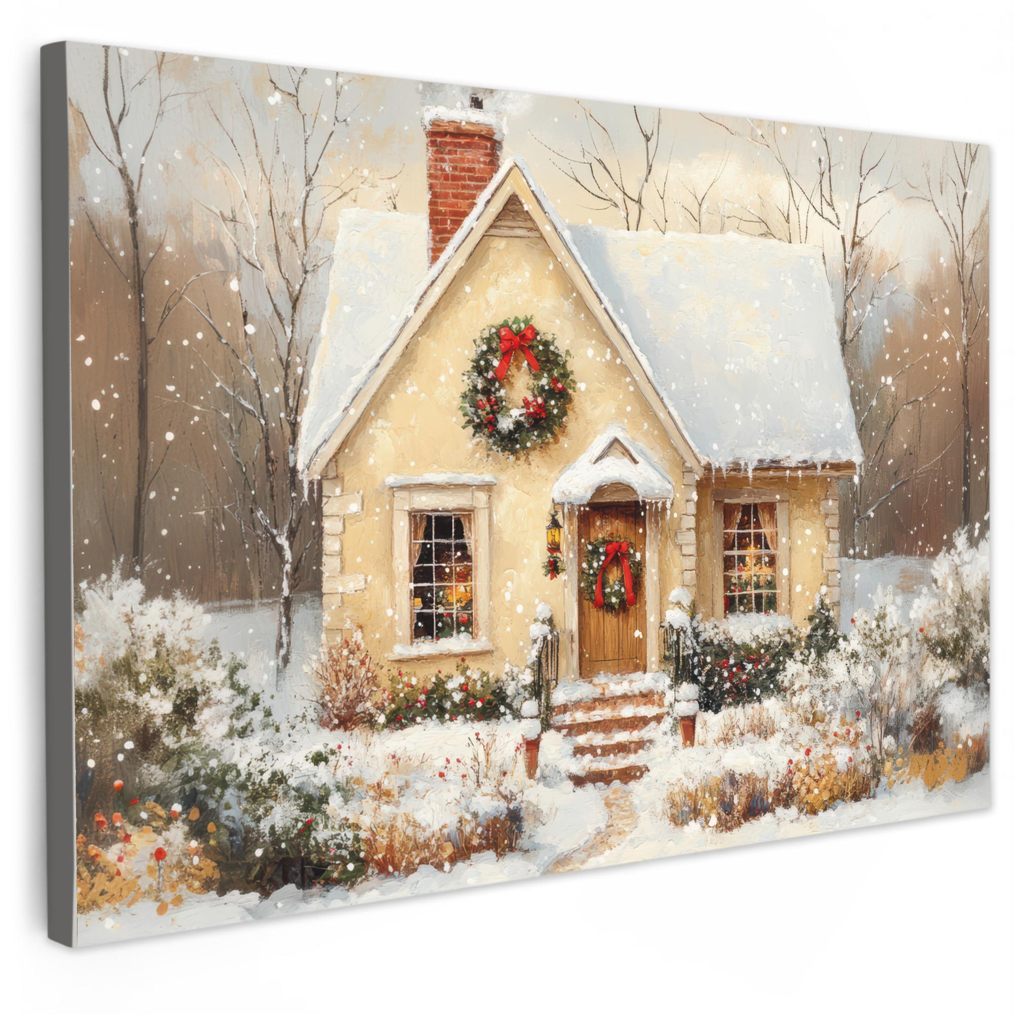 LEINWANDBILD Weihnachten - Zuhause - Winter - Schnee Deko Schlafzimmer 30x20 cm - Creme, Textil (30/20cm) - MuchoWow