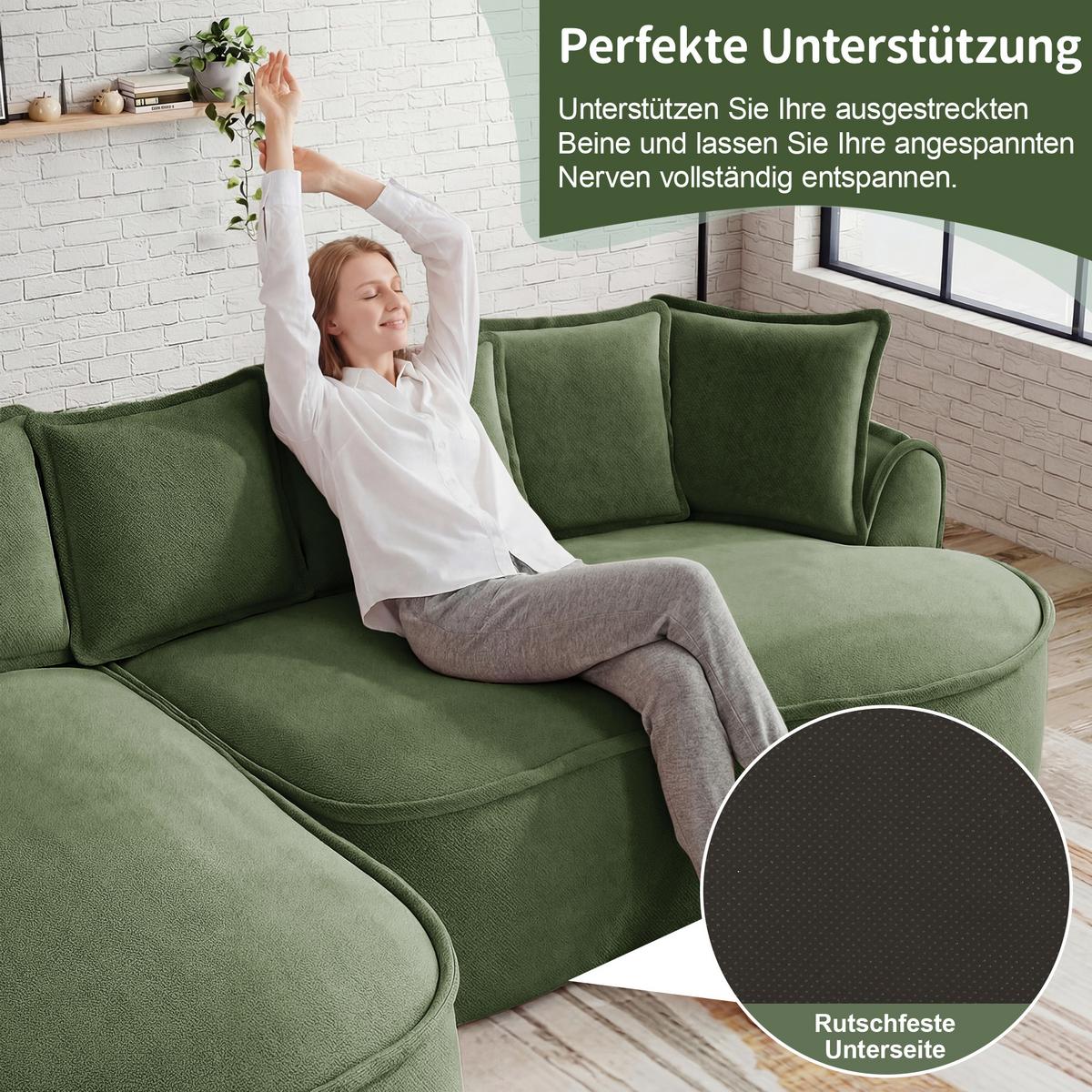 ECKSOFA chenille mit extra tiefer chaiselongue & rahmenlosem design - Grün, Textil (252/164cm) - Urban Meuble