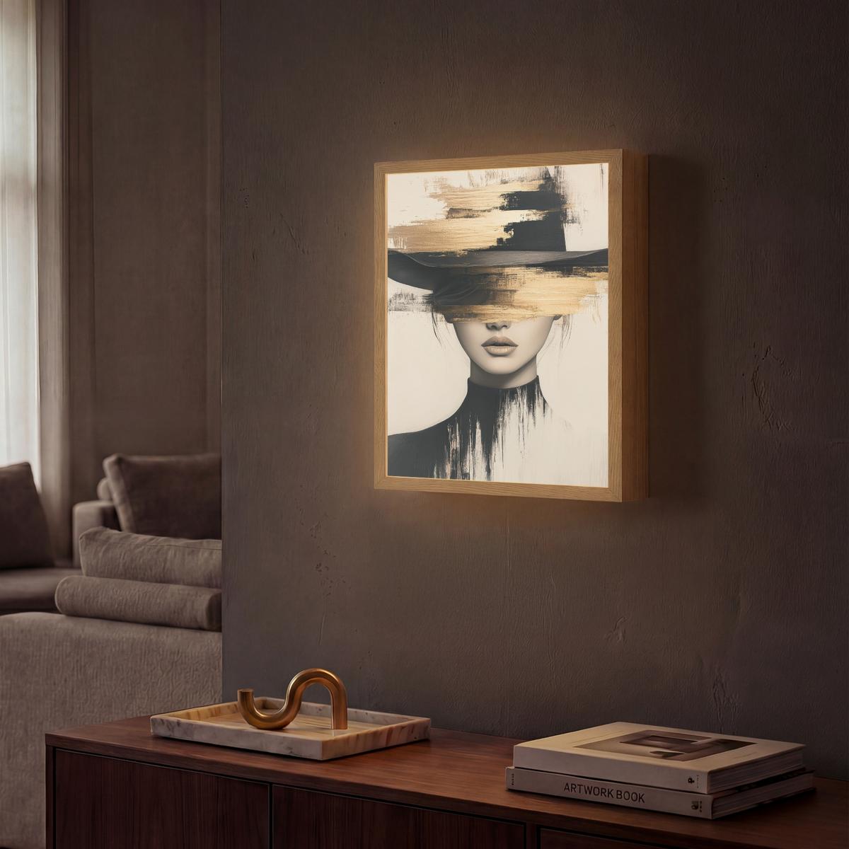 WANDLEUCHTE MIT AKKU Frau - Hut - Farbe 30x40 cm - Creme, Holzwerkstoff (30/40/8cm) - OnlyWow