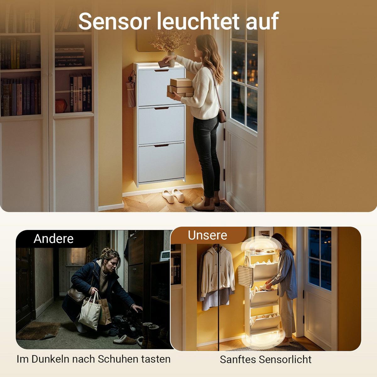 SCHUHSCHRANK mit 3 Klappen und Sensorlicht Weiß 50x19x131cm - Weiß, Holzwerkstoff (19/131/50cm) - SoBuy