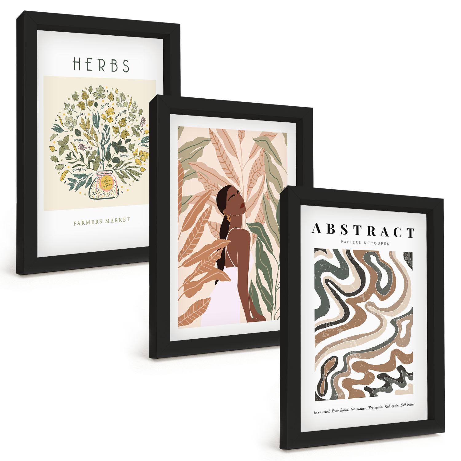 BILDER SET 3er Set - 20x30 cm Schwarzer Rahmen - Boho-Pastell-Minimalisten-Poster - Schwarz, Kunststoff (20/30cm) - TULUP