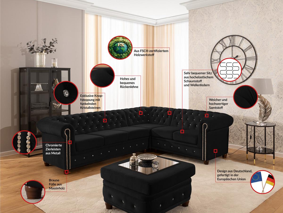 ECKSOFA Chesterfield Cleo Blink Schwarz Samt mit Kristallsteppung und braunen Massivholzfüßen - Ottomane Rechts - Schwarz/Braun, Holz/Textil (264/210cm) - S-Style Möbel