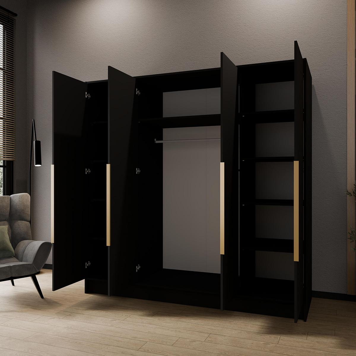 KLEIDERSCHRANK Mono Bis im Skandi-Stil, Drehtüren mit Goldene Metallgriffe, Schwarz 200/200/51 cm - Schwarz, Holzwerkstoff (200/200/51cm) - WFL GROUP