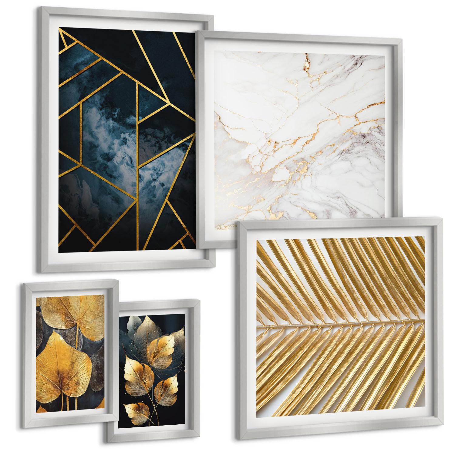 BILDER SET 5er Set - 50x50 cm & 20x30 cm & 40x60 cm Silberner Rahmen - Moderne Pflanzenmuster - Silberfarben, Kunststoff (40/60cm) - TULUP