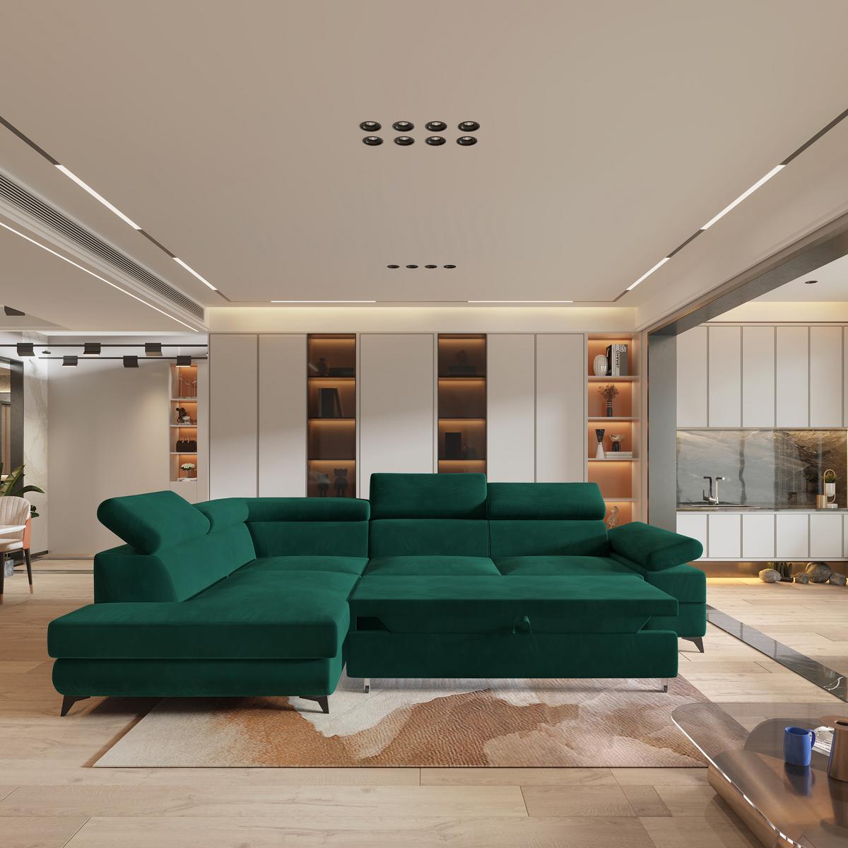 ECKSOFA FAVIEN L-S Grün Velours-Stoff mit Schlaffunktion - Grün, Holz (257/190cm) - MASSENO