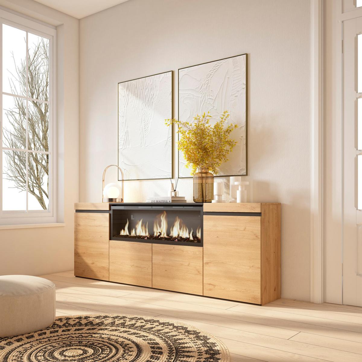 SIDEBOARD Highboard, mit Elektrokamin XXL, eiche, 208/35/75cm - Eichefarben/Multicolor, Holzwerkstoff (208/75/35cm) - Skraut Home