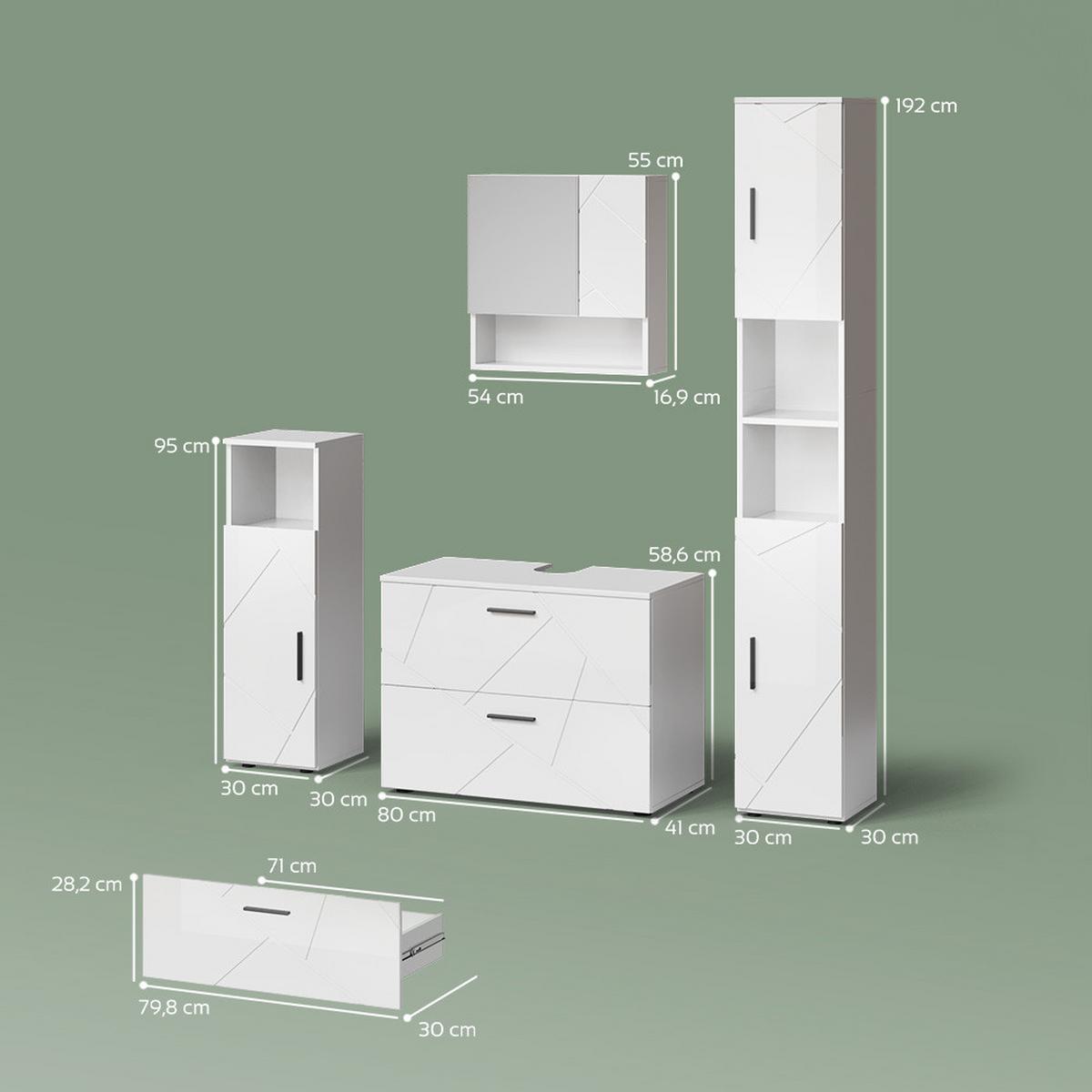 BADMÖBEL-SET Ronco Weiß Hochglanz 4 Teile, mit Schubladenschrank und Hochschrank - Weiß Hochglanz, Holzwerkstoff (80/58/41cm) - Livinity®