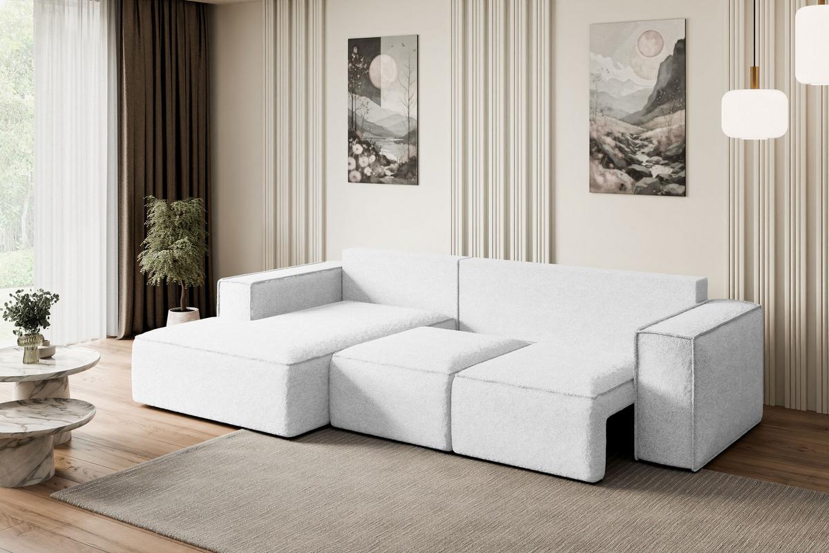 ECKSOFA mit Schlaffunktion und Bettkasten SERRA-L-S - 266x161x87 cm Weiß Bouclé - Schwarz/Weiß, Holzwerkstoff/Kunststoff (266/161cm) - ALTDECOR