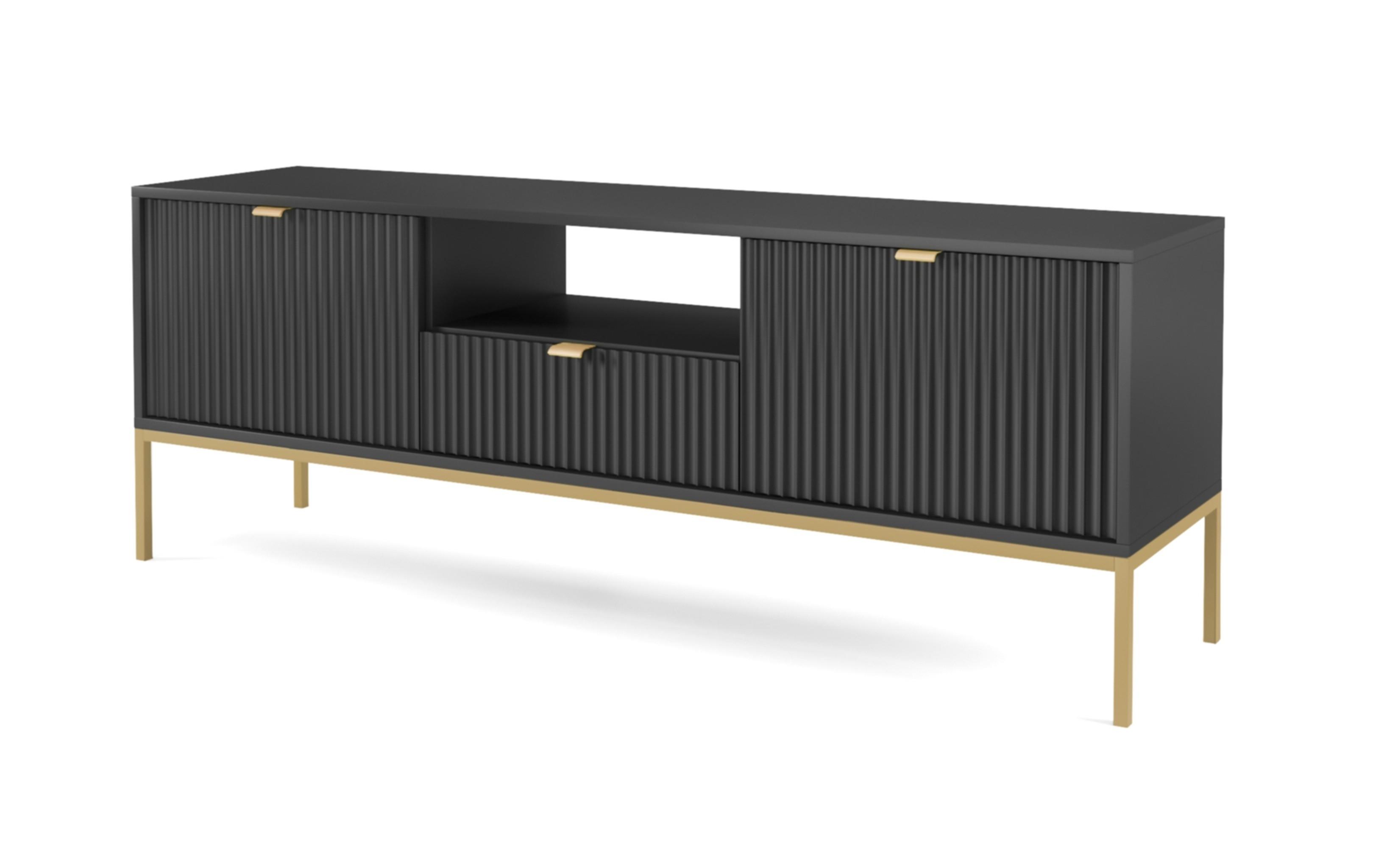 LOWBOARD Eternas 2T 1S Schwarz 154/56/39 cm – goldene Füße, mit geriffelten Fronten und offener Ablage - Goldfarben/Schwarz, Holzwerkstoff (154/56/39cm) - AX Living